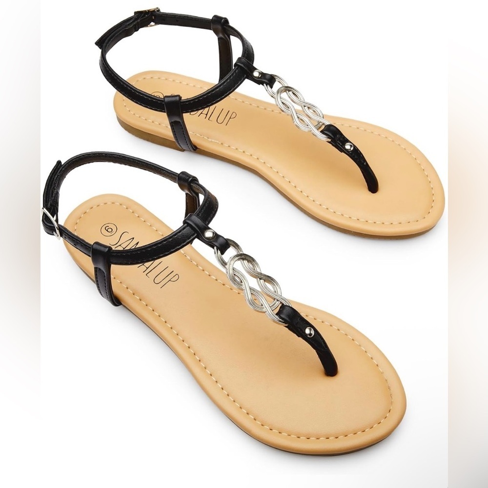 SANDALUP Thong Flat Sandals with Ring Metal and Adjustable Ankle Buckle Black
